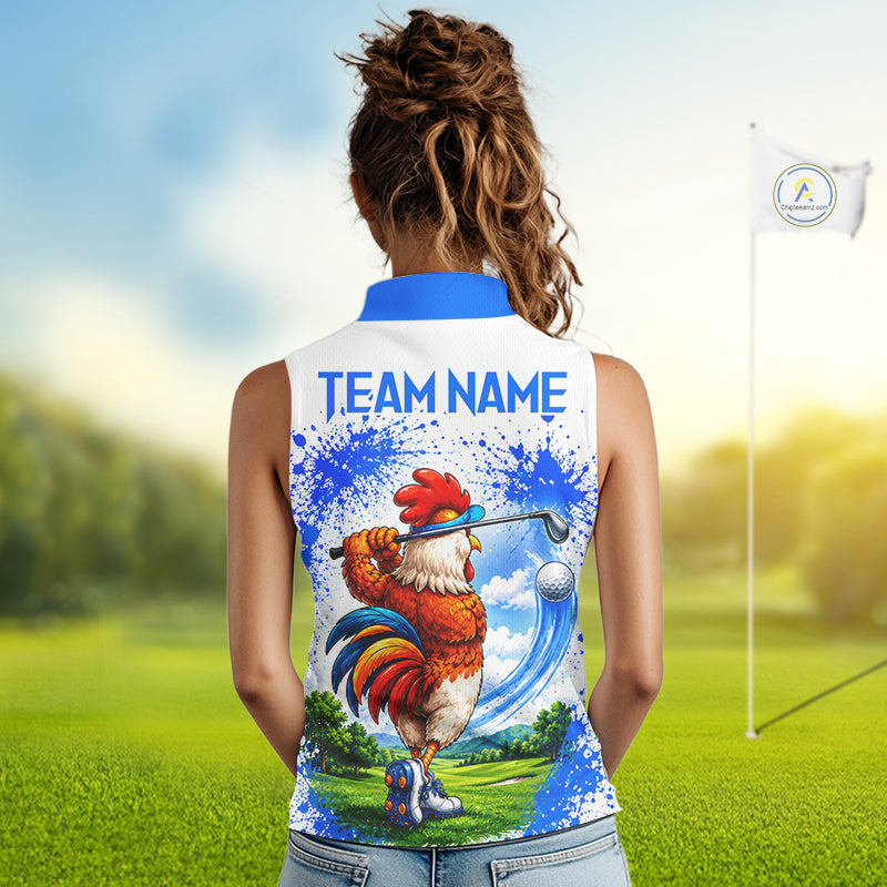 Woman wearing rooster golfer golf sleeveless polo shirt on golf course