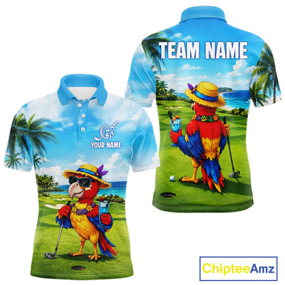 Men's funny parrot golf polo shirt mockup tropical summer golf apparel