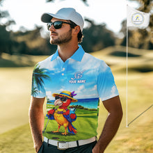 Load image into Gallery viewer, Man wearing tropical parrot golf polo shirt during summer golf outing