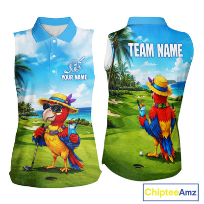 Women's funny parrot golf sleeveless polo shirt mockup tropical summer golf apparel