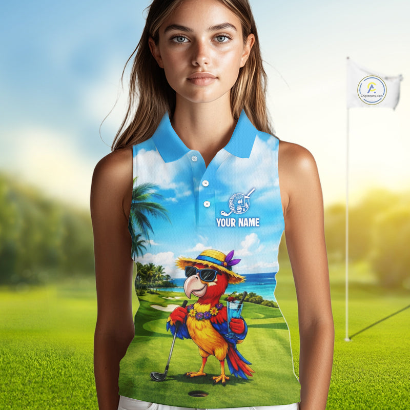 Woman wearing tropical parrot golf sleeveless polo shirt during summer golf outing