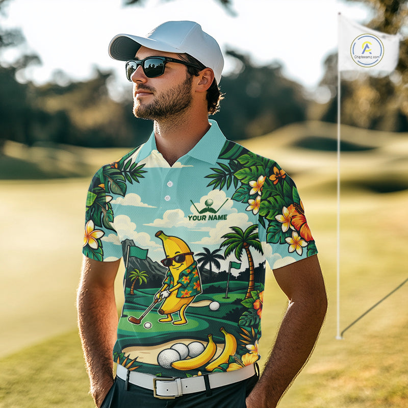 Man wearing banana golfer golf polo shirt on golf course