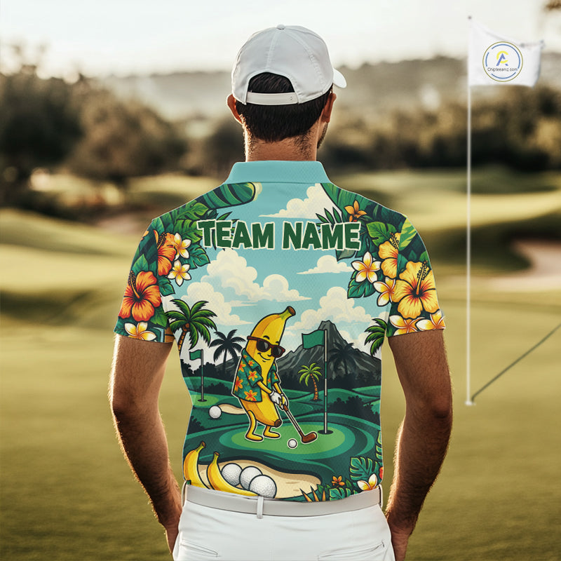 Man wearing banana golfer golf polo shirt on golf course