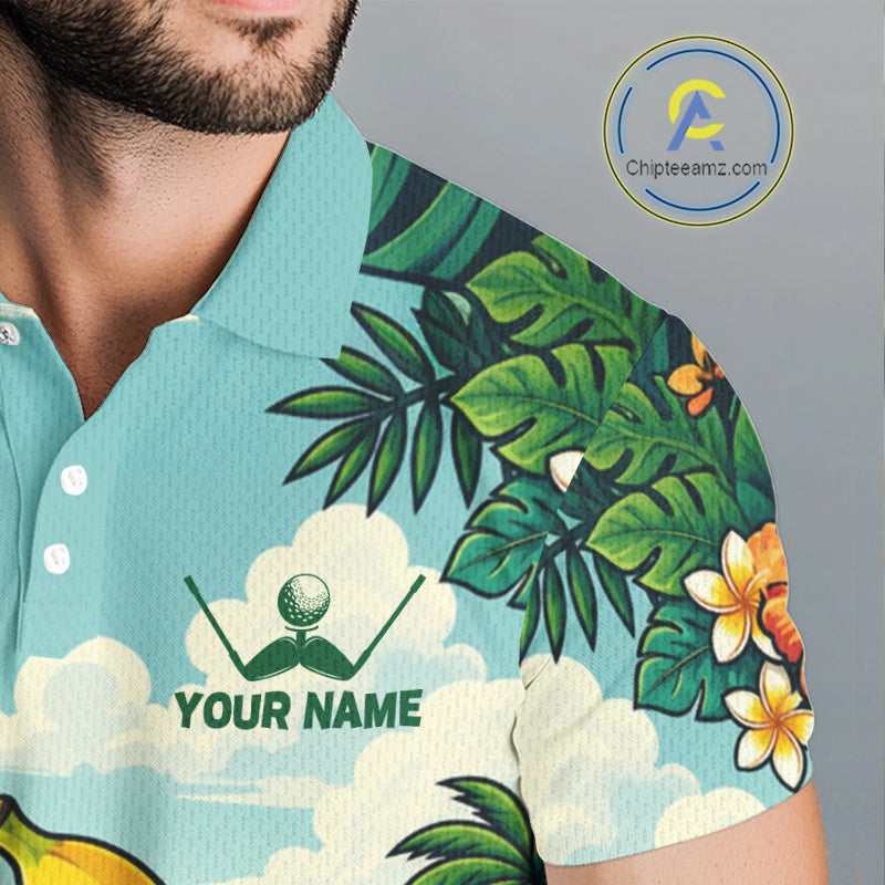 Man wearing banana golfer golf polo shirt on golf course