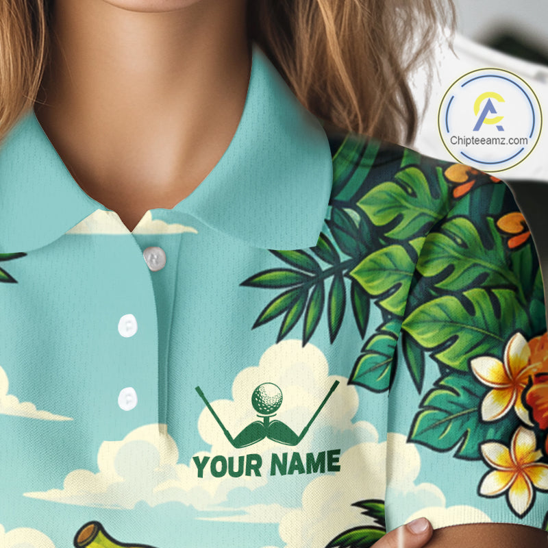 Woman wearing banana golfer golf polo shirt on golf course