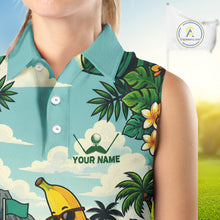 Load image into Gallery viewer, Woman wearing banana golfer golf sleeveless polo shirt on golf course
