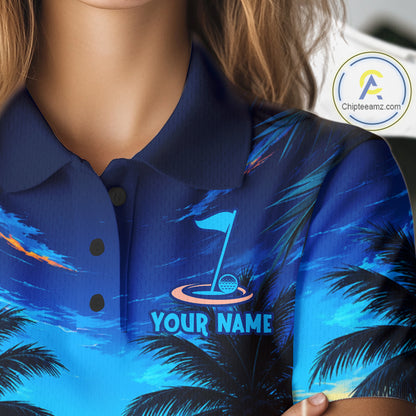Woman wearing tropical sunset palm tree golf polo shirt during golf outing