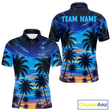 Load image into Gallery viewer, Men's sunset tropical palm tree golf polo shirt mockup personalized golf apparel