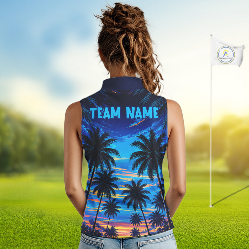 Woman wearing tropical sunset palm tree golf sleeveless polo shirt during golf outing