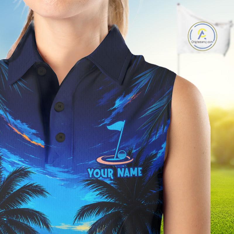 Woman wearing tropical sunset palm tree golf sleeveless polo shirt during golf outing