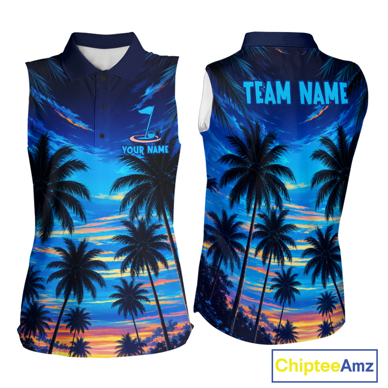Women's sunset tropical palm tree golf sleeveless polo shirt mockup personalized golf apparel