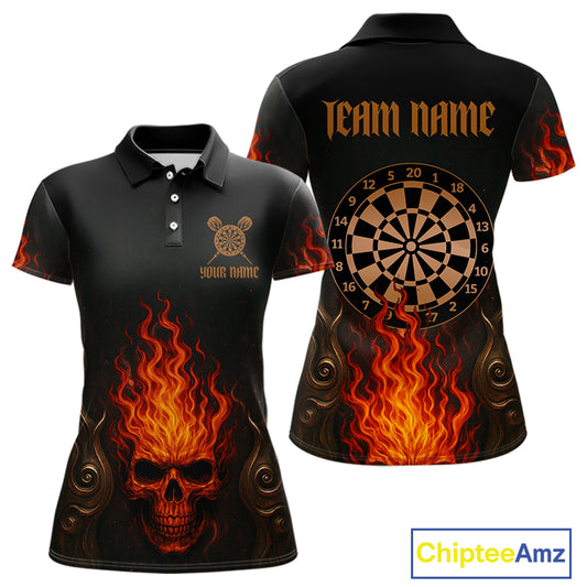 Flame Skull & Dartboard Custom Darts Polo Shirt For Women - Darts Team Jersey NYN0742