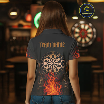 Flame Skull & Dartboard Custom Darts Polo Shirt For Women - Darts Team Jersey NYN0742