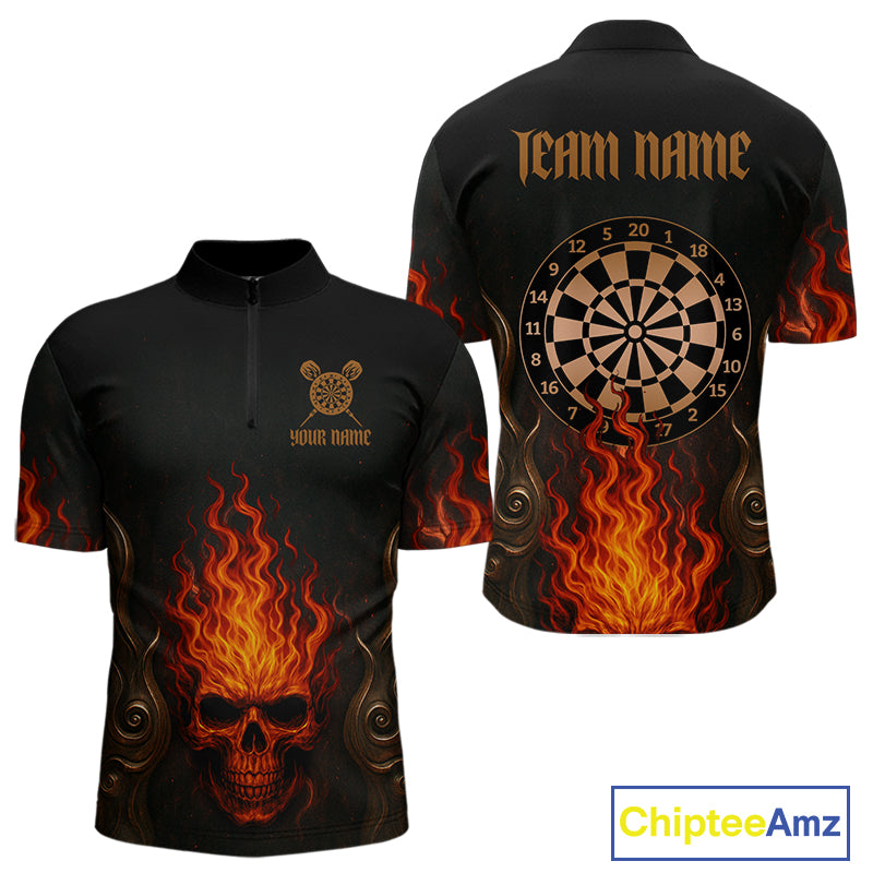 Flame Skull & Dartboard Custom Darts Quarter-Zip Shirt For Men - Darts Team Jersey NYN0742