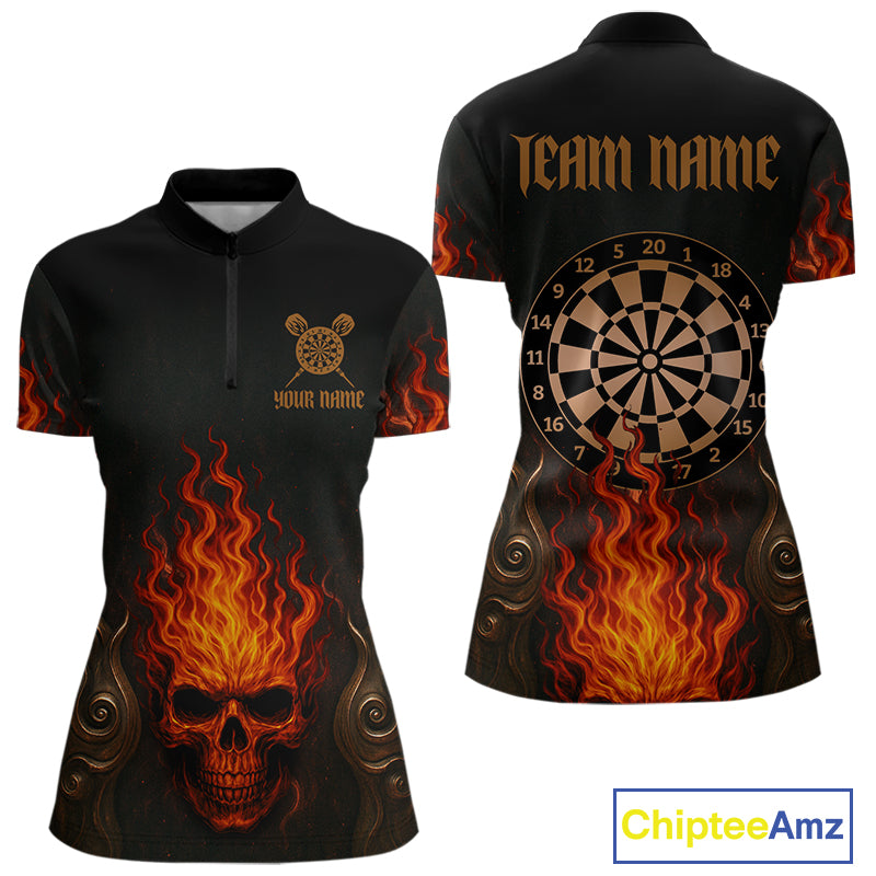 Flame Skull & Dartboard Custom Darts Quarter-Zip Shirt For Women - Darts Team Jersey NYN0742