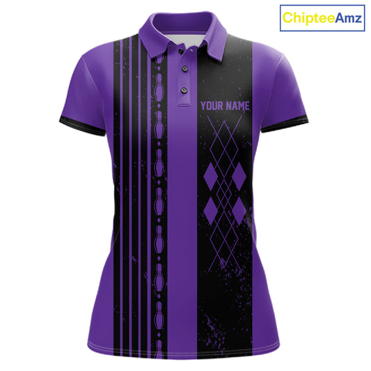 Woman wearing Retro Purple Argyle Bowling Polo Shirt with vintage argyle pattern, personalized bowling team apparel, retro bowling fashion, custom tournament polo, athletic performance clothing.