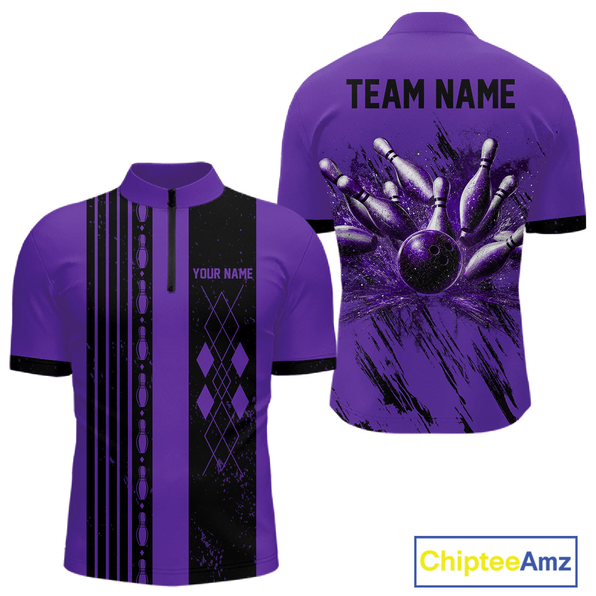Retro Purple Argyle Quarter-Zip Bowling Shirt featuring personalized bowling team graphics, retro league apparel, performance sports jersey.