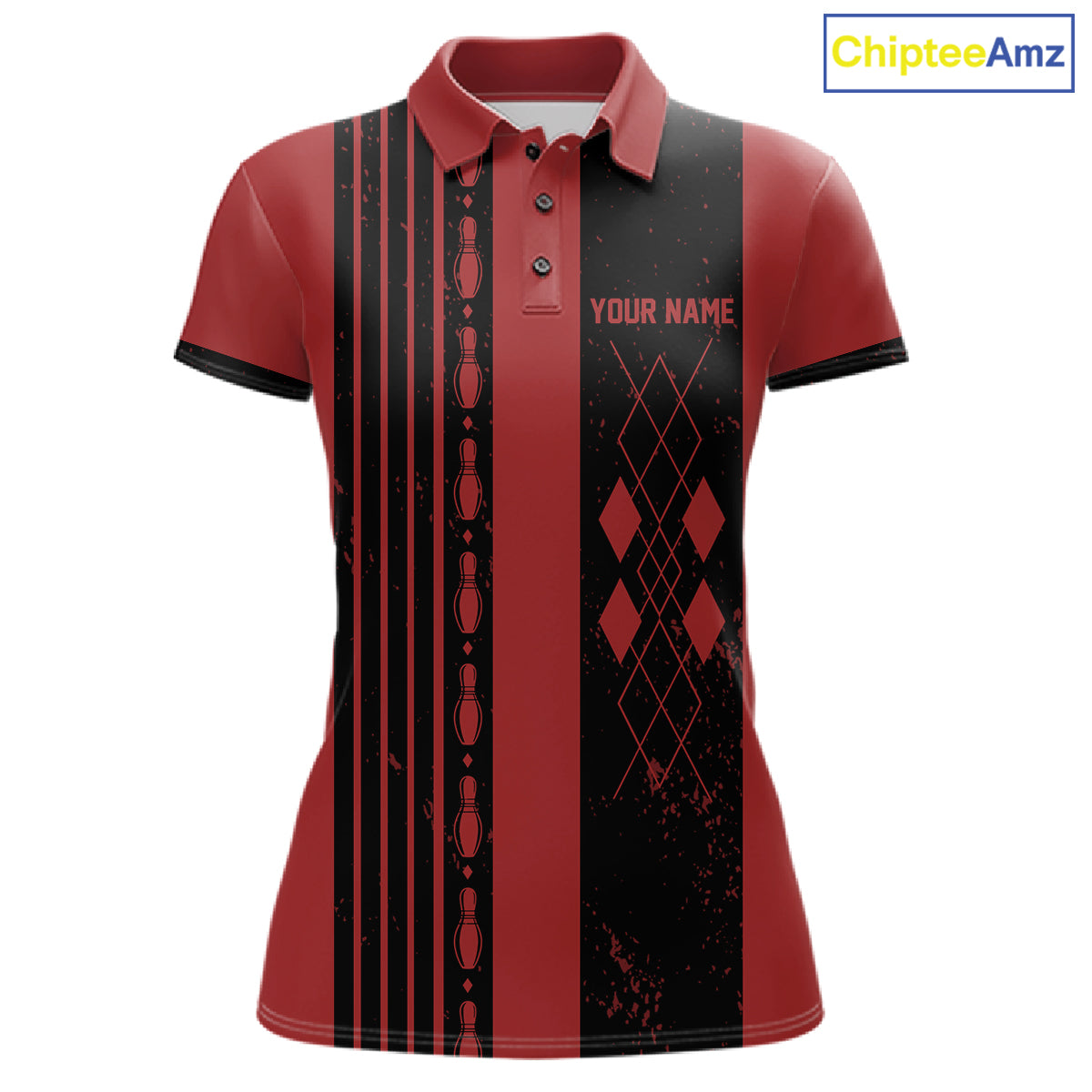 Woman wearing Retro Red Argyle Bowling Polo Shirt featuring classic red argyle pattern, custom bowling team polo, vintage tournament apparel, breathable performance fabric.
