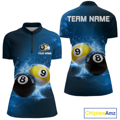 Custom 8 Ball & 9 Ball Womens Billiard Shirt Personalized Thunder Blue Billiard Tournament Jerseys NYN3777