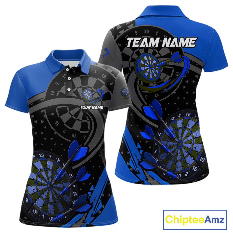 Custom Black & Blue Cracked Dartboard Women Dart Shirt Outfits Polo & 1/4-Zip Dart Jersey NYN1047