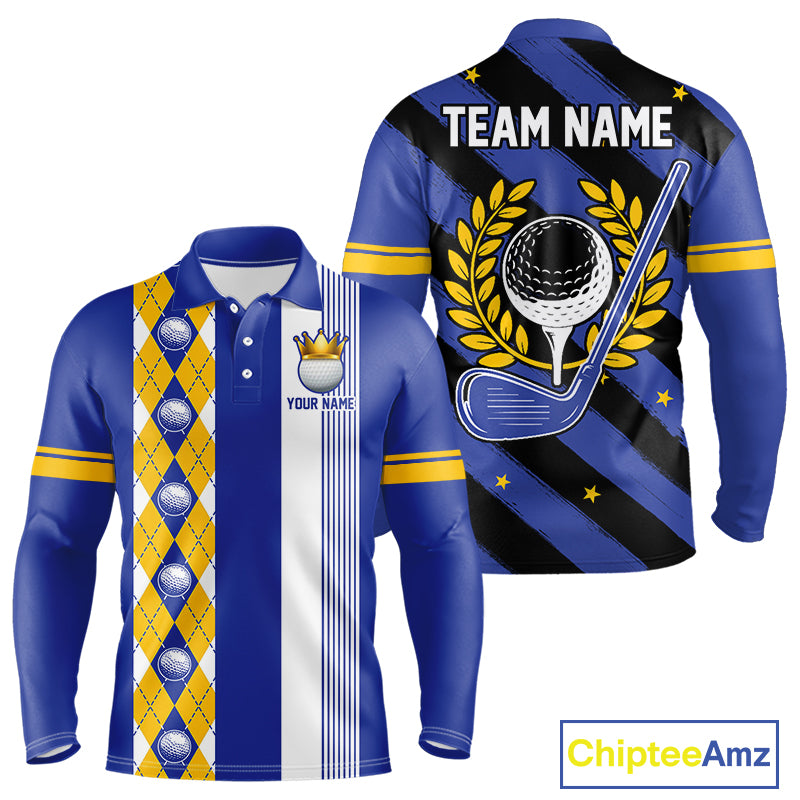 Personalized Golf Shirt For Men Custom Name Golf Polo Shirt Blue Yellow Argyle Golf Tournament Outfits NYN4446