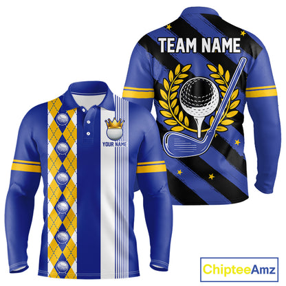 Personalized Golf Shirt For Men Custom Name Golf Polo Shirt Blue Yellow Argyle Golf Tournament Outfits NYN4446
