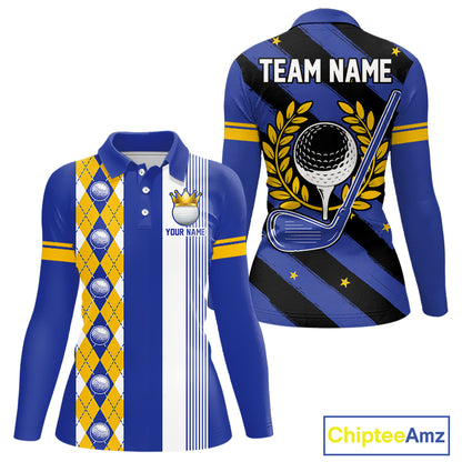 Personalized Golf Shirt For Women Custom Name Golf Polo Shirt Blue Yellow Argyle Golf Tournament Outfits NYN4446