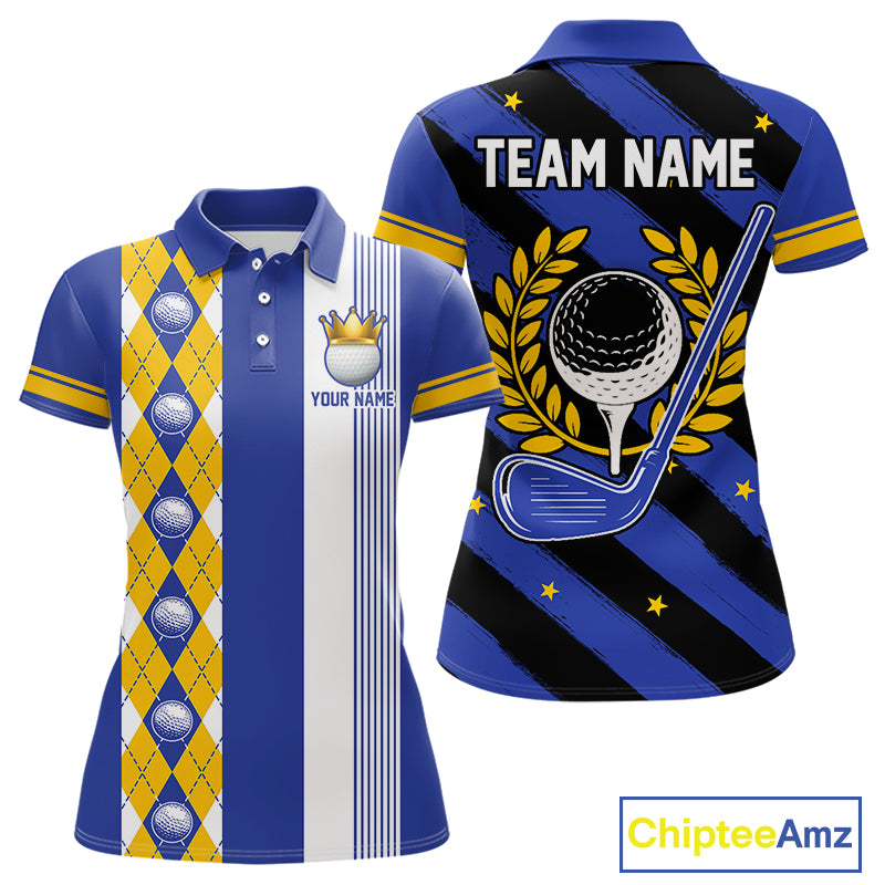 Personalized Golf Shirt For Women Custom Name Golf Polo Shirt Blue Yellow Argyle Golf Tournament Outfits NYN4446