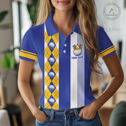 Personalized Golf Shirt For Women Custom Name Golf Polo Shirt Blue Yellow Argyle Golf Tournament Outfits NYN4446
