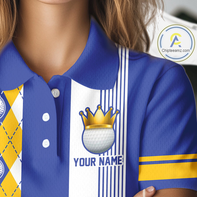 Personalized Golf Shirt For Women Custom Name Golf Polo Shirt Blue Yellow Argyle Golf Tournament Outfits NYN4446