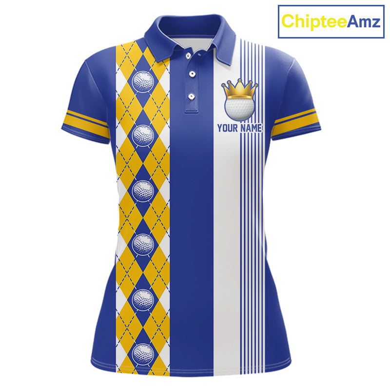 Personalized Golf Shirt For Women Custom Name Golf Polo Shirt Blue Yellow Argyle Golf Tournament Outfits NYN4446