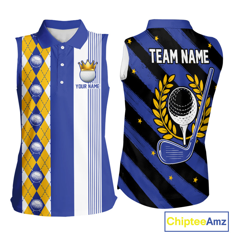 Personalized Golf Shirt For Women Custom Name Golf Sleeveless Polo Shirt Blue Yellow Argyle Golf Tournament Outfits NYN4446