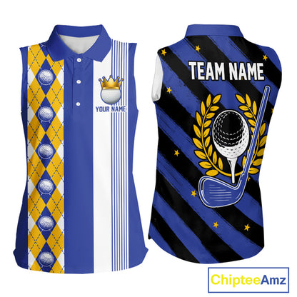 Personalized Golf Shirt For Women Custom Name Golf Sleeveless Polo Shirt Blue Yellow Argyle Golf Tournament Outfits NYN4446