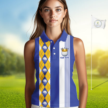 Personalized Golf Shirt For Women Custom Name Golf Sleeveless Polo Shirt Blue Yellow Argyle Golf Tournament Outfits NYN4446