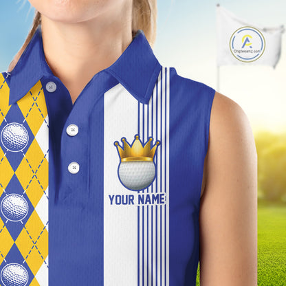Personalized Golf Shirt For Women Custom Name Golf Sleeveless Polo Shirt Blue Yellow Argyle Golf Tournament Outfits NYN4446