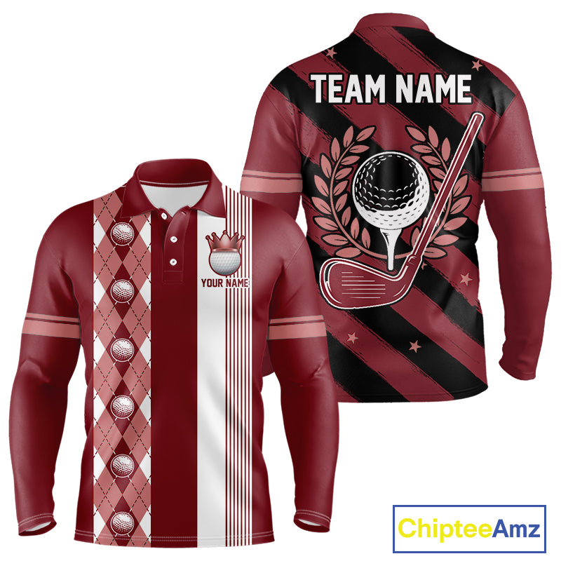 Personalized Golf Shirt For Men Custom Name Golf Polo Shirt Maroon Argyle Golf Tournament Outfits NYN4447