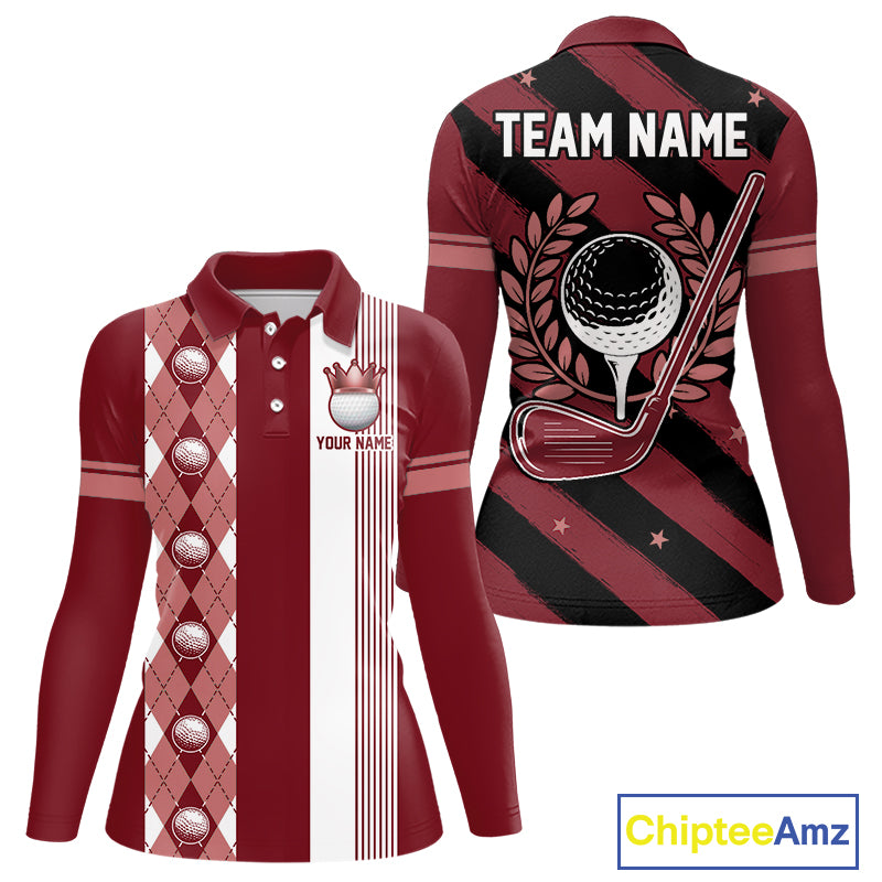 Personalized Golf Shirt For Women Custom Name Golf Polo Shirt Maroon Argyle Golf Tournament Outfits NYN4447