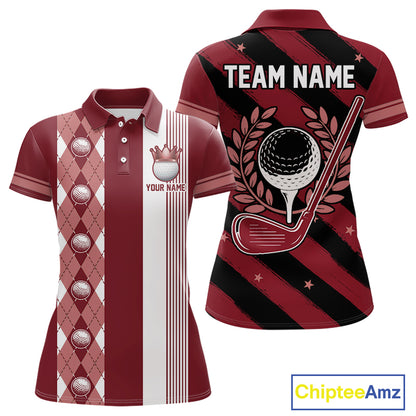 Personalized Golf Shirt For Women Custom Name Golf Polo Shirt Maroon Argyle Golf Tournament Outfits NYN4447