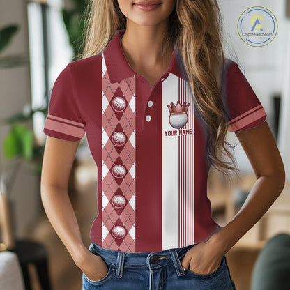 Personalized Golf Shirt For Women Custom Name Golf Polo Shirt Maroon Argyle Golf Tournament Outfits NYN4447