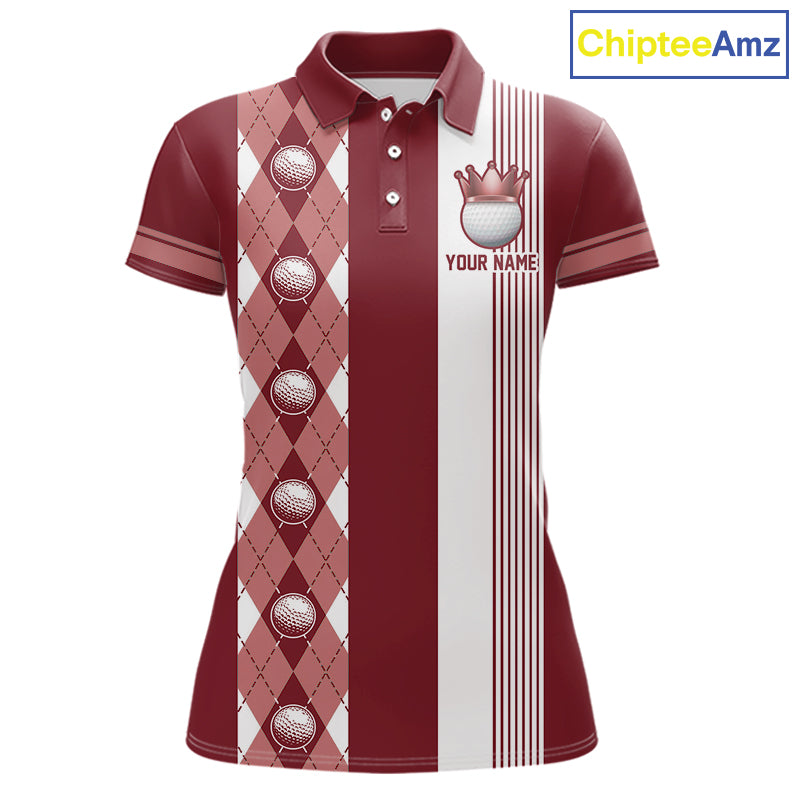 Personalized Golf Shirt For Women Custom Name Golf Polo Shirt Maroon Argyle Golf Tournament Outfits NYN4447
