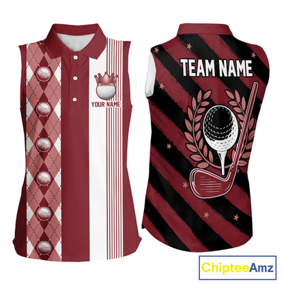 Personalized Golf Shirt For Women Custom Name Golf Sleeveless Polo Shirt Maroon Argyle Golf Tournament Outfits NYN4447