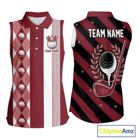 Personalized Golf Shirt For Women Custom Name Golf Sleeveless Polo Shirt Maroon Argyle Golf Tournament Outfits NYN4447
