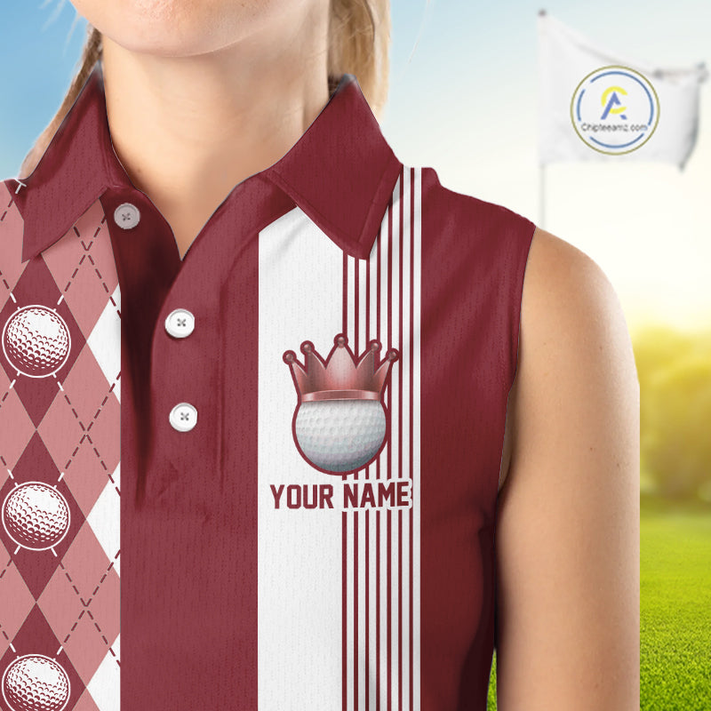 Personalized Golf Shirt For Women Custom Name Golf Sleeveless Polo Shirt Maroon Argyle Golf Tournament Outfits NYN4447
