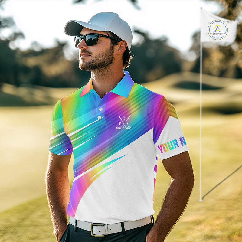 Holographic Rainbow Mens Golf Polo Shirts Custom Golf Tops For Mens Personalized Golf Team Gifts NYN4452