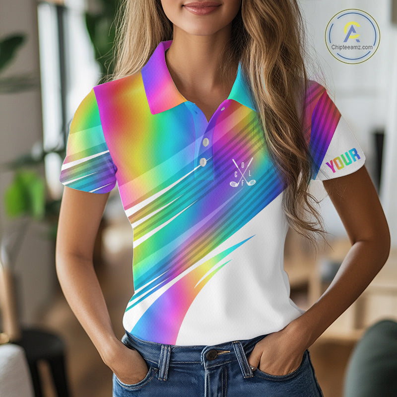 Holographic Rainbow Mens Golf Polo Shirts Custom Golf Tops For Women Personalized Golf Team Gifts NYN4452