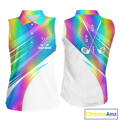 Holographic Rainbow Mens Golf Sleeveless Polo Shirts Custom Golf Tops For Women Personalized Golf Team Gifts NYN4452