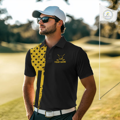 Black And Yellow American Flag Mens Golf Polo Shirts Custom Name Patriotic Team Golf Uniform Nqs10018 NYN4454