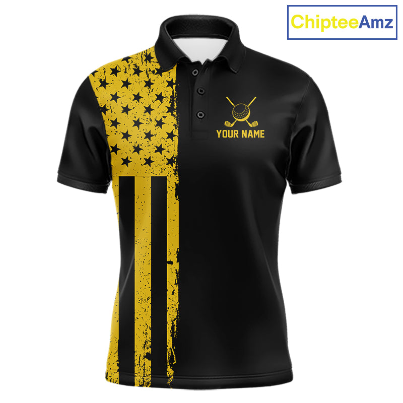Black And Yellow American Flag Mens Golf Polo Shirts Custom Name Patriotic Team Golf Uniform Nqs10018 NYN4454