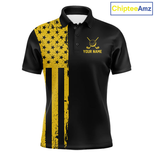 Black And Yellow American Flag Mens Golf Polo Shirts Custom Name Patriotic Team Golf Uniform Nqs10018 NYN4454