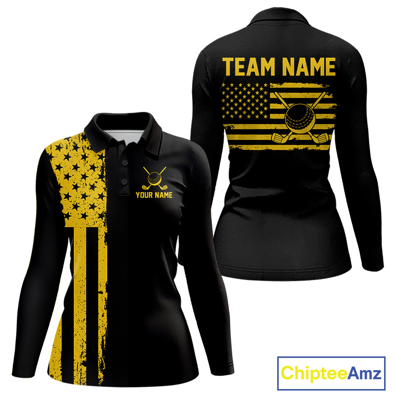 Black And Yellow American Flag Mens Golf Polo Shirts Custom Name Patriotic Team Golf Uniform Nqs10018 NYN4454